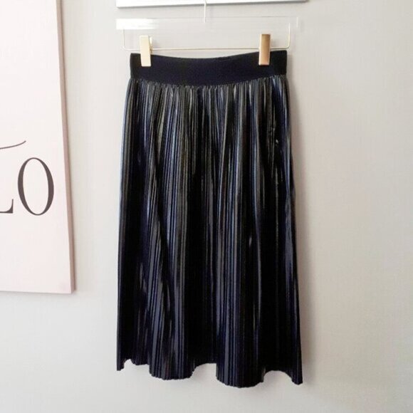 NWOT Zara black faux leather patent pleated A-line midi skirt, S - Picture 11 of 12